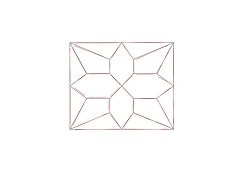 Diagram. Two tall grey X’es create zigzags in a rectangle over which a circle and curving lines are added. A red outline traces an octagonal star shape with four larger points and four smaller points. Four dotted lines in the middle of the rectangle are arranged like a tic-tac-toe grid with the centre of the centre square marked with an X.