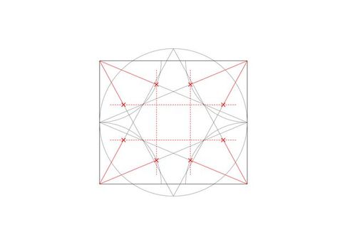 Diagram. Two tall grey X’es create zigzags in a rectangle. A grey circle, taller than the rectangle, intersects with the centre of each side. A red angle is added in between two dotted red lines, one of which overlaps one leg of the left-hand X.