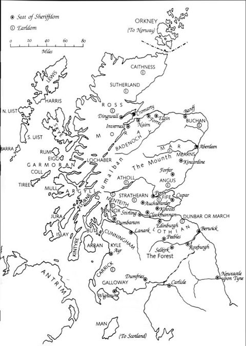 Map of Scotland. Among town and area names, about two dozen locations are identified as “Seat of Sheriffdom” and about half that many as “Earldom” by symbols.