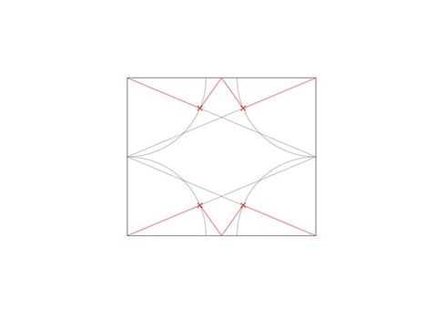 Diagram. Two wide grey X’es create zigzags in a rectangle. A red X, reaching into all four corners, is overlaid on the first grey pattern to mark the centre of the rectangle.