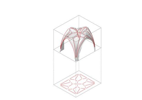 Digital model. Greyscale rendering shows the underside of a ribbed vault in Wells Cathedral. Red lines drawn over the model are close but do not directly overlap the ribs. A cube drawn around the vault leads to a plan of the ribbing, also in red lines, as if on a flat ground below.