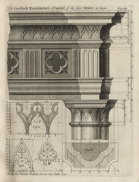Illustration. A detail of an entablature is illustrated, diagrammed, and labelled in black and white. Text across the top reads, “The Gothick Entablature & Capital of the first Order at large Plate II”.