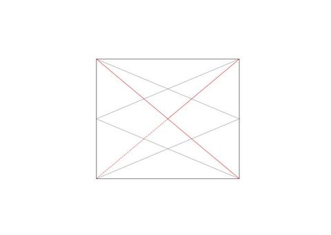 Diagram. Two wide red X’es create zigzags, with a wide and thin diamond in the centre, in a nearly square rectangle.