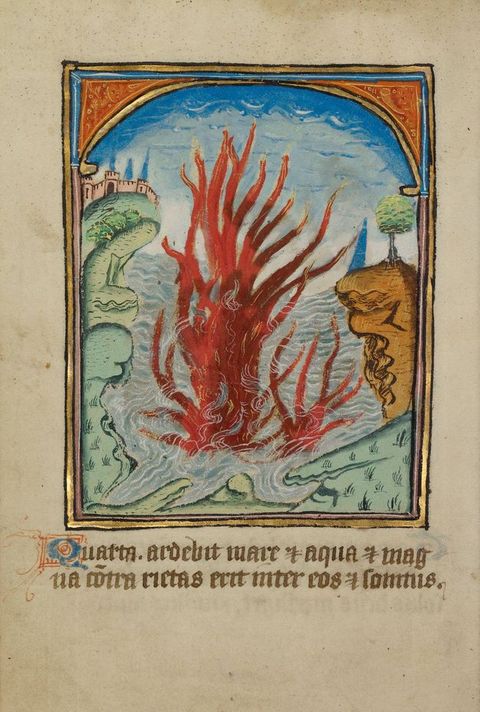 Illumination. Red flames shoot out of a body of water. Calligraphic writing in brown ink is below.
