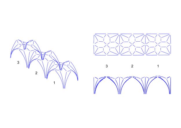 Digital drawings. Blue lines show the arrangement of ribbing in three bays of a vaulted ceiling in Wells Cathedral. The illustration to our left shows the ceiling of the bays projected in space. The others show the plan, as if mapped on a flat surface, and an elevation.
