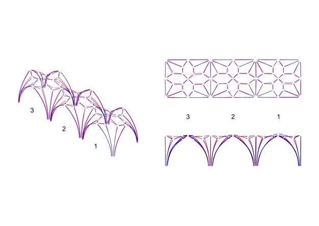 Digital drawings. Two diagrams of the ribbing in three bays of a vaulted ceiling in Wells Cathedral show the bays in space, as a flat plan, and as an elevation. A red schematic is overlaid with a blue one. The lines nearly but don't exactly overlap.