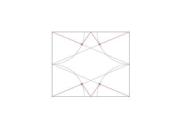Diagram. Two wide grey X’es create zigzags in a rectangle. A red X, reaching into all four corners, is overlaid on the first grey pattern to mark the centre of the rectangle.