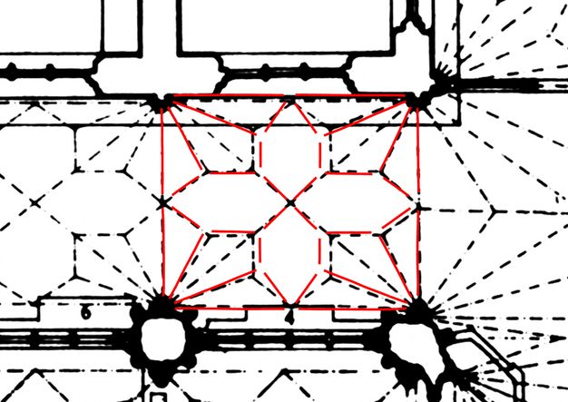 Plan. Detail of one bay in the aisle of Wells Cathedral. Measured distances are indicated in black. Red lines come close to but do not exactly overlap the black.