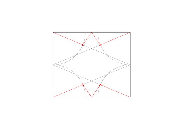 Diagram. Two wide grey X’es create zigzags in a rectangle. A red X, reaching into all four corners, is overlaid on the first pattern to mark the centre of the rectangle.