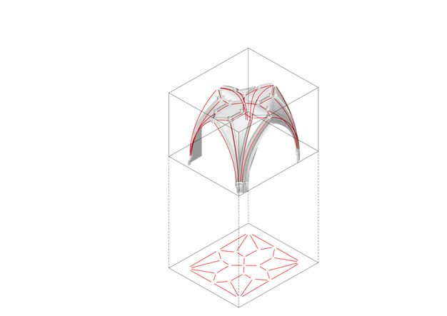 Digital model. Greyscale rendering shows the underside of a ribbed vault in Wells Cathedral. Red lines drawn over the model are close but do not directly overlap the ribs. A cube drawn around the vault leads to a plan of the ribbing, also in red lines, as if on a flat ground below.