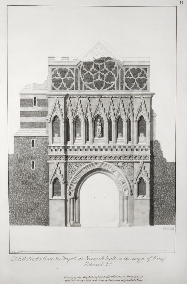 Illustration. This greyscale image, which appears to be rendered finely in watercolour, shows a church gate has a wide, shallowly pointed arch on the lowest level. A gallery-like level above has five arches with a person in the centre one. Windows above and walls to each side of the gate are more loosely drawn in.