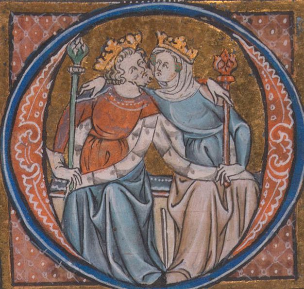 Illumination. In a letter O, a king and queen lean towards each other as if for a kiss. Their eyes are open and mouths downturned. Each extends an arm across the other's shoulders and reaches for the sceptre their counterpart holds.
