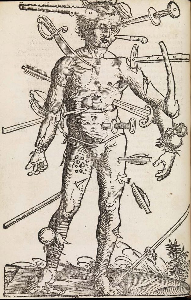 Print. A muscular man is poked, sliced, stabbed, and bludgeoned with knifes, clubs, a hammer, swords, canon balls, and arrows. Both hands are almost severed at the wrists.