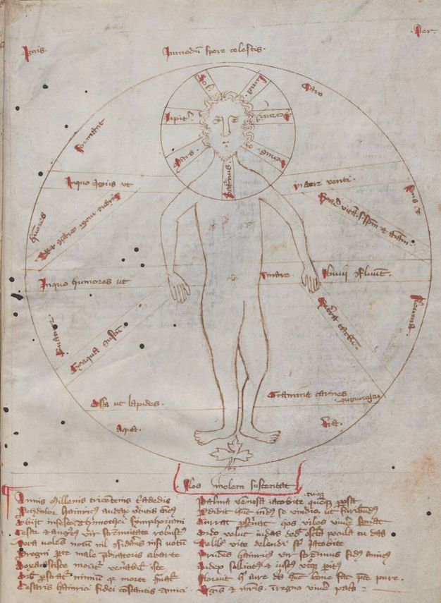 Illumination. A man, drawn in outline, stands at the middle of a circle slightly taller than he is. Another circle surrounds his head like a halo that continues in front of his shoulders. Bands in both circles are labelled, and more text in brown ink is below.