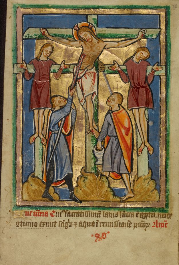 Illumination. A haloed man, Jesus, hangs from a cross at the centre of the composition in front of a gold background. A man below thrusts a spear into his side, and another holds up a sponge on a stick. Two men to either side of Jesus hang with their arms forced back over the crossbeam. All the people have pale skin and blond or light brown hair.