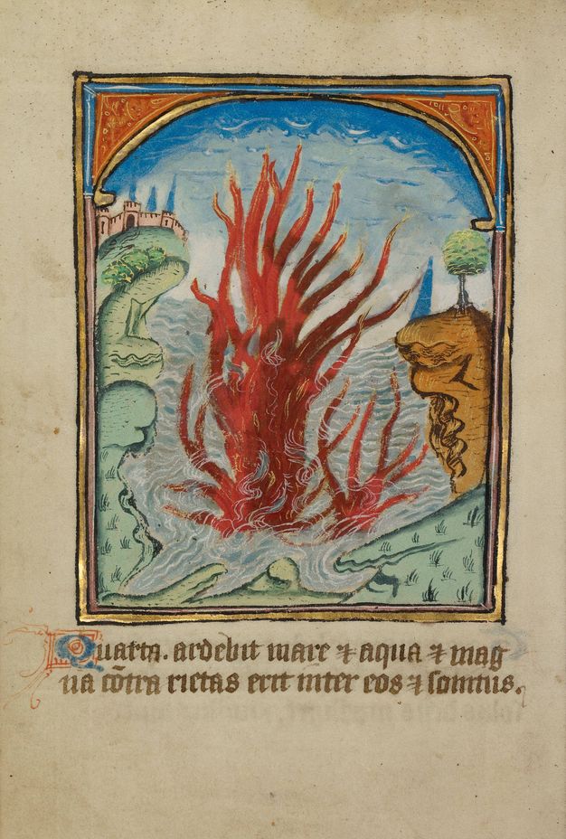 Illumination. Red flames shoot out of a body of water. Calligraphic writing in brown ink is below.
