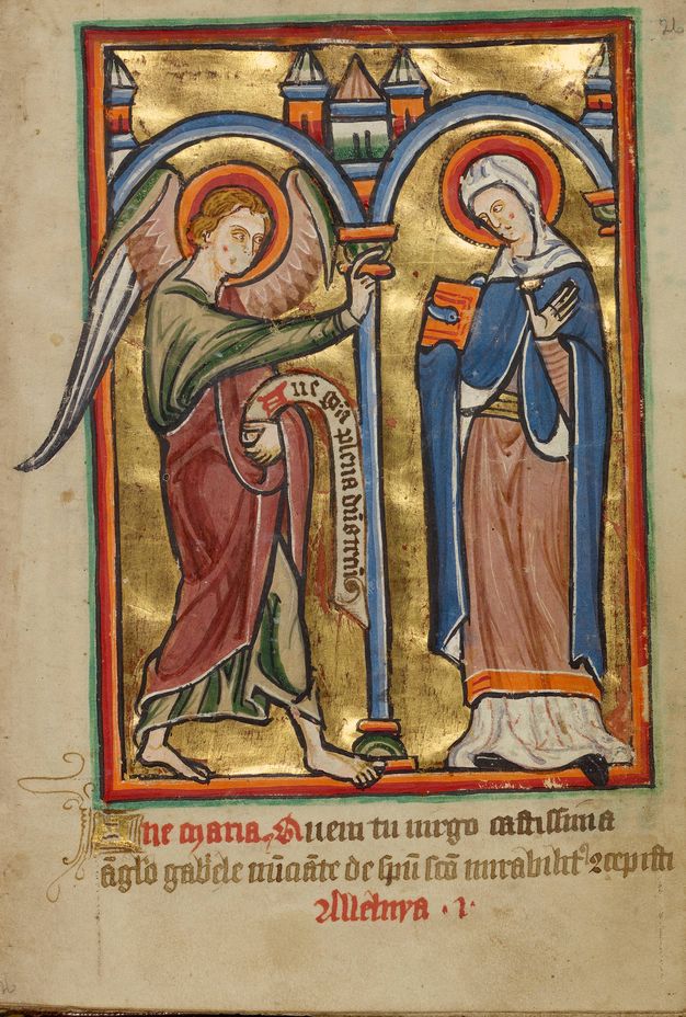 Illumination. A winged angel and a woman each stand under their own arch. The angel, Gabriel, holds a scroll with writing in one hand and holds up his other hand to the Virgin Mary, who stands to our right. Calligraphic writing in brown and red ink is below.