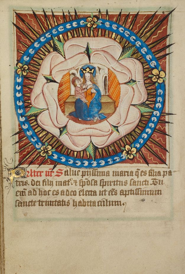Illumination. A woman wearing a crown, the Virgin Mary, holds a baby, the Christ child. They both have halos, hers blue and his red. The pair are surrounded by the petals of an open, very pale pink rose. A gold sunburst flares between the rose and the red background. Text in brown and red ink is below.