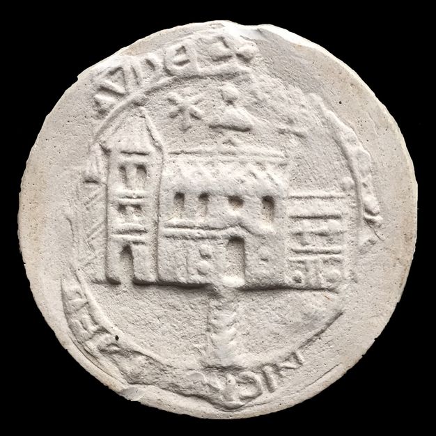 Seal. Cast of a round seal shows a church with a chancel and tower. A path leads to the arched doorway of the church. Traces of text remain around the edges.