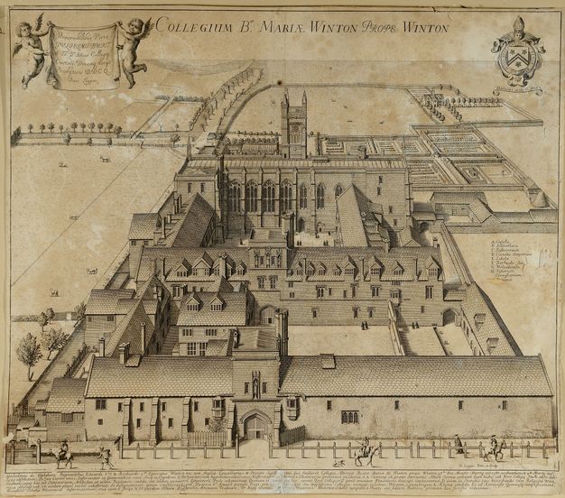 Print. We look slightly down onto the building complex of Winchester College, which is made up of long buildings surrounding two courtyards. A chapel and formal gardens are at the far end of this engraving. Latin text along the top reads, Collegium Bæ. Mariæ Winton Prope Winton”.