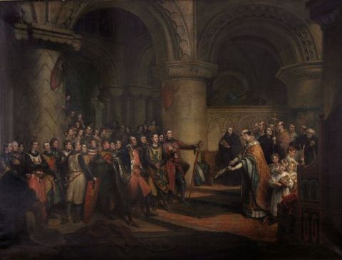 Painting. Two groups face each other under hefty stone columns and arches. To our right, a man wearing ecclesiastical robes holds out a document. About a dozen men and children, also in religious dress, are behind him. At least twice that number of men, in armour and courtly clothing, look on from the left half of the painting. All the people appear to have pale skin.