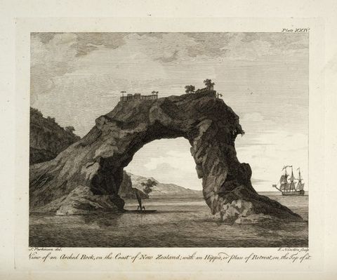 Print. A natural stone arch rises like an upside-down U from placid waters. A couple of structures and trees are along the ridge of the arch. A masted sailing ship is in the distance.