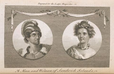 Print. Two roundels containing the head and shoulders of a man and a woman appear to be placed on a textured background in this engraving. In the roundel on our left, the man wears a feathered headdress and cape, and he looks off to our right. In the roundel on our right, the woman’s windblown hair is cut short. She wears a necklace and a garment that slips off one shoulder.