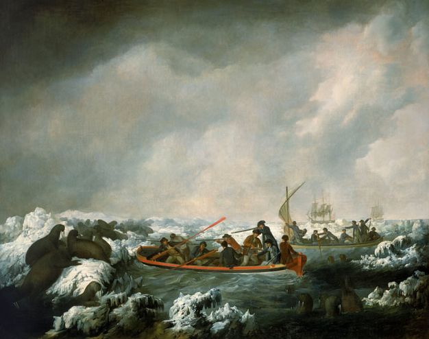 Painting. Men in two rowboats shoot at walruses from choppy water near icy shores. Walruses look on from ice floes along the bottom edge of the painting. Two masted ships are on the horizon, which comes about a third of the way up this composition. Grey, white, and pale blue clouds roil across the sky above.