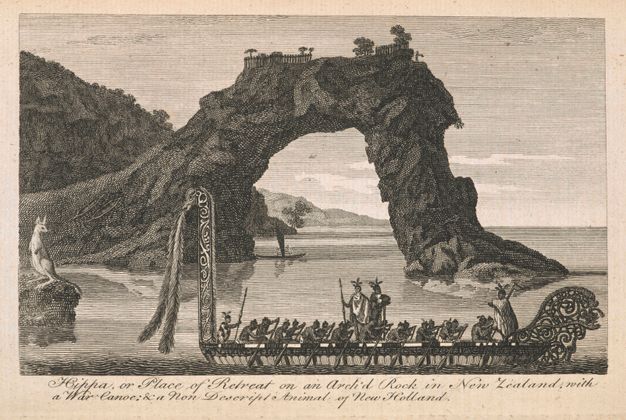 Print. A long, highly decorated canoe rowed by eighteen men glides in front of a natural stone arch. A kangaroo looks on from a rock to our left. Text beneath the image reads, \“Hippa, or Place of Retreat on an Arch’d Rock in New Zealand, with a War canoe: & a Non Descript Animal of New Holland\”.