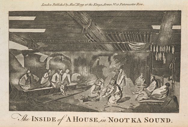 Print. We look into a single story hall-like space, rendered in cross-hatchings of black ink on cream paper. In the centre, four people sit or crouch around a fire. To our left, four people wearing shawls or blankets sit on a long low bench. Opposite, three adults wearing shawls or blankets sit on mats with a small child. Above them, two lines of fish hang from a a square rack.