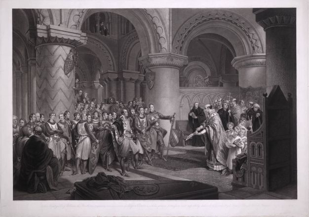 Print. Two groups face each other under hefty stone columns and arches. To our right, a man wearing ecclesiastical robes holds out a document. About a dozen men and children, also in religious dress, are behind him. At least twice that number of men, in armour and courtly clothing, look on from the left half of the painting.