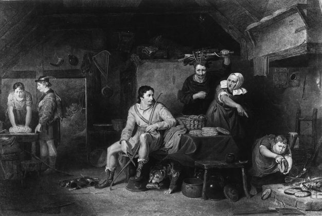 Painting. Black and white image of a kitchen with a fireplace as tall as the people standing next to it. A man sits at a table in front of the hearth, looking over his shoulder as a woman on the other side frowns at him. She points at a boy blowing on loaves of bread on a hearthstone.