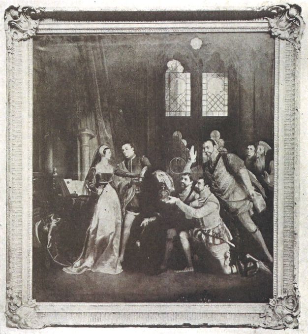 Painting. Black and white image of men in elaborate doublets and hose offering a robed woman a crown. The woman has turned away from a book on a lectern and holds up both hands. Two men kneel, holding the crown, and others look on from behind. The image shows the painting in a carved, probably gilded frame.