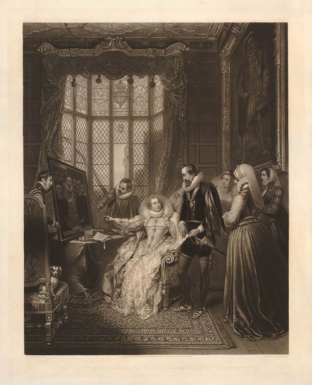 Print. A woman in an intricately embroidered and bejewelled dress – Queen Elizabeth the First – sits in a chair in a richly ornamented room and points at a painting. A man standing next to her holds a piece of paper. Three women and two more men look at her or the painting.