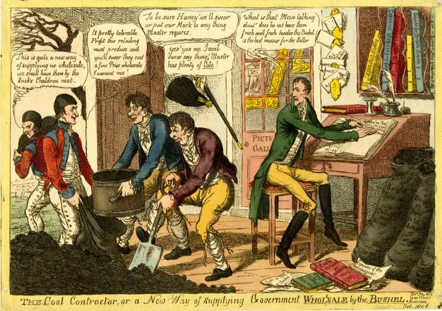 Print. Four men, two in military uniforms, shovel coal into a bucket and a bag near the door of an office. A man sits at a desk on the other side of the small room, writing in a ledger. Speech bubbles are over each character, and the scene is hand coloured.