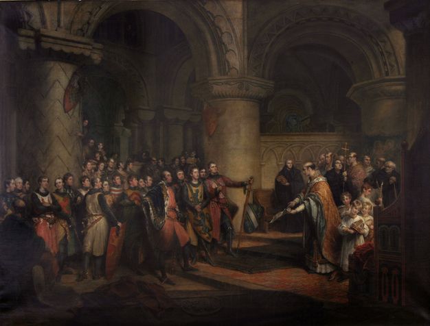 Painting. Two groups face each other under hefty stone columns and arches. To our right, a man wearing ecclesiastical robes holds out a document. About a dozen men and children, also in religious dress, are behind him. At least twice that number of men, in armour and courtly clothing, look on from the left half of the painting. All the people appear to have pale skin.