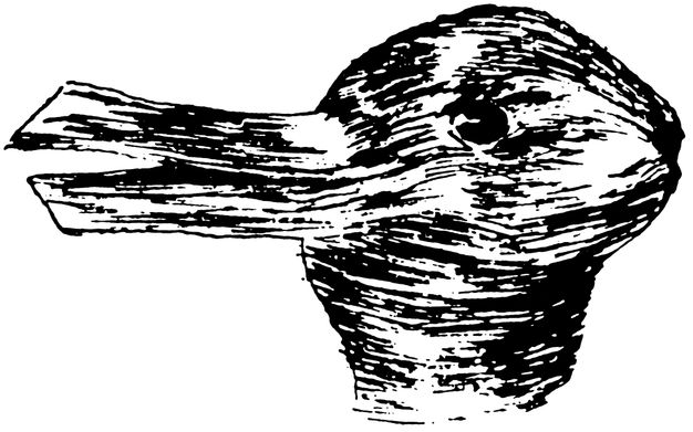 Drawing. This black and white image can be seen as a rabbit facing our right, its long ears to our left, or as a duck with its bill to our left and head to our right.