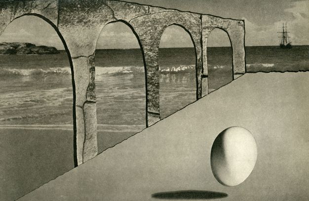 Photogravure. In the lower right corner, an egg floats above a floor, which is bounded by arches to our left. Surf breaks on a beach beyond the arches, and a masted sailing ship is in the distance.