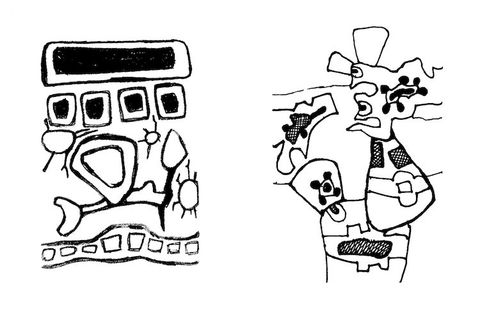 Drawings. Two sketches in black on white paper show patterns and designs resembling pictographs or symbols.