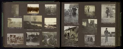 Black and white photographs. Thirteen photographs are arranged across two pages of an album. They show buildings, towns, smoke, landscape, and aerial views. Each is labelled in white on the black paper.