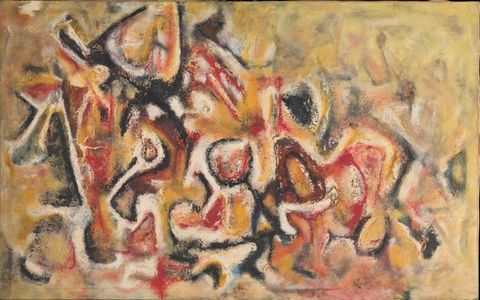 Painting. Black and white lines create a frenetic web over abstracted human forms and a laurel and sage green background in this horizontal composition. The human forms are mostly vertical and often contorted. Touches of copper brown, blood red, and dark yellow break up the predominantly green palette.