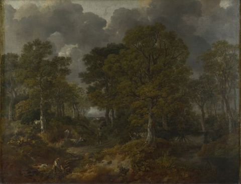 Painting. Shadow falls across a forest. People walk along or sit alongside a path cutting through tall trees, and a placid river winds towards us to our right. A bank of steel-grey clouds fills in most of the sky above.