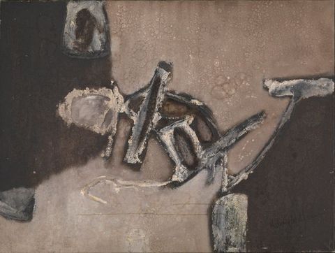 Painting. A diagonal expanse of concrete grey is bordered by areas of black at the upper left and lower right in this horizontal, abstract painting. Bone grey shapes mark points along the boundary between the colours. A form in ash white, black, and grey at the centre of the composition could be an abstracted human, perhaps looking or reaching down.