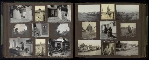 Black and white photographs. Eighteen photographs are arranged across two pages of an album in two grids of three by three. The images include portraits, towns, landscapes, and interiors. Each is labelled in white on the black paper.
