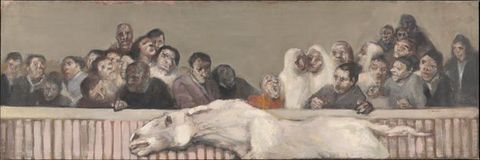 Painting. A white horse runs with its head thrust far forwards and its ears flat back along a railing with a crowd behind it in this long, horizontal composition. About thirty people there are loosely painted and some of their features are exaggerated or smudged.