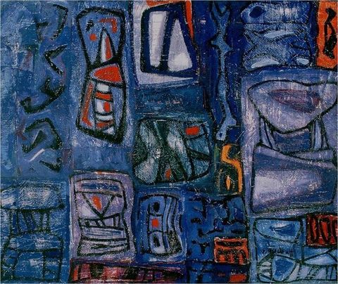 Painting. This abstracted composition is made up of vertical zones mostly in lapis, navy, and indigo blue. Black outlines create totem-like symbols, which are punctuated with scarlet red, white, or orange.