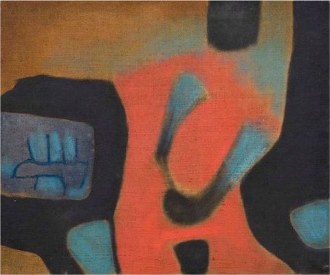 Painting. A hazy field of crimson red swells up from the bottom centre of this nearly square abstract composition. Hemmed in on each side by harder-edged black fields, the top of the red dissipates and merges into areas of turquoise and harvest brown. A rectangular form in the black field to our left is like an abstracted fist or mouth with teeth.