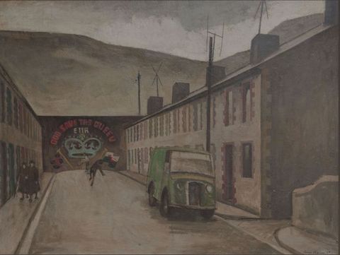 Painting. Enveloped in a brown haze, a view down a street ends at a wall painted with a mural reading “God Save the Queen” over a crown. Steep hills rise behind the wall. A green truck is parked to our right, and two women walk towards us to our left. Two people play cricket against the wall.