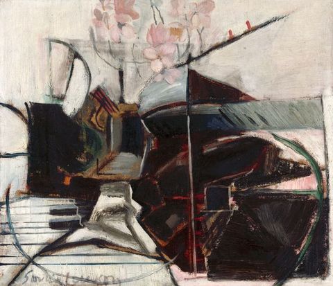 Painting. A far-off black doorway is surrounded by abstracted, angular forms in this nearly square composition. Black and white strips near the lower left are reminiscent of a piano keyboard. A spray of pale pink flowers at the top centre is against a field of off-white.