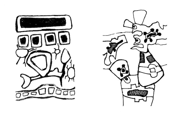 Drawings. Two sketches in black on white paper show patterns and designs resembling pictographs or symbols.